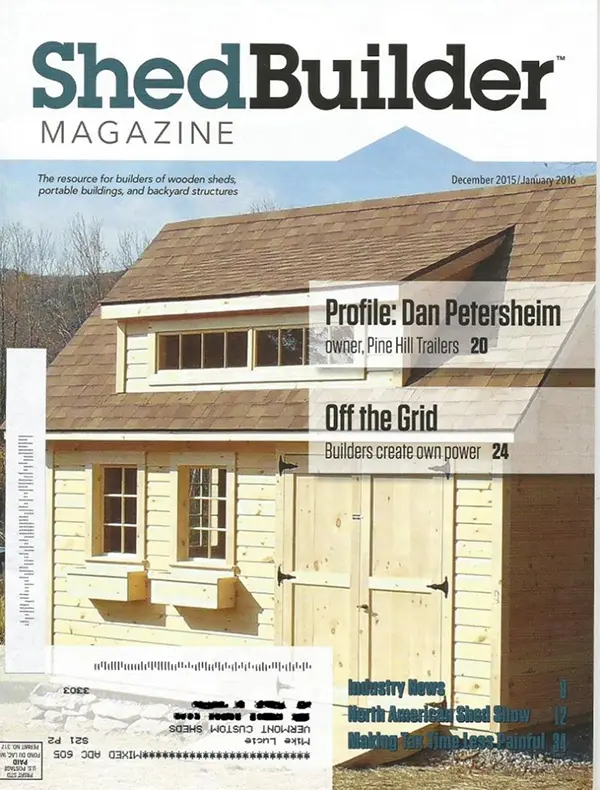 The cover of Shed Builder Magazine featuring a photo of a vermont custom shed as the cover
