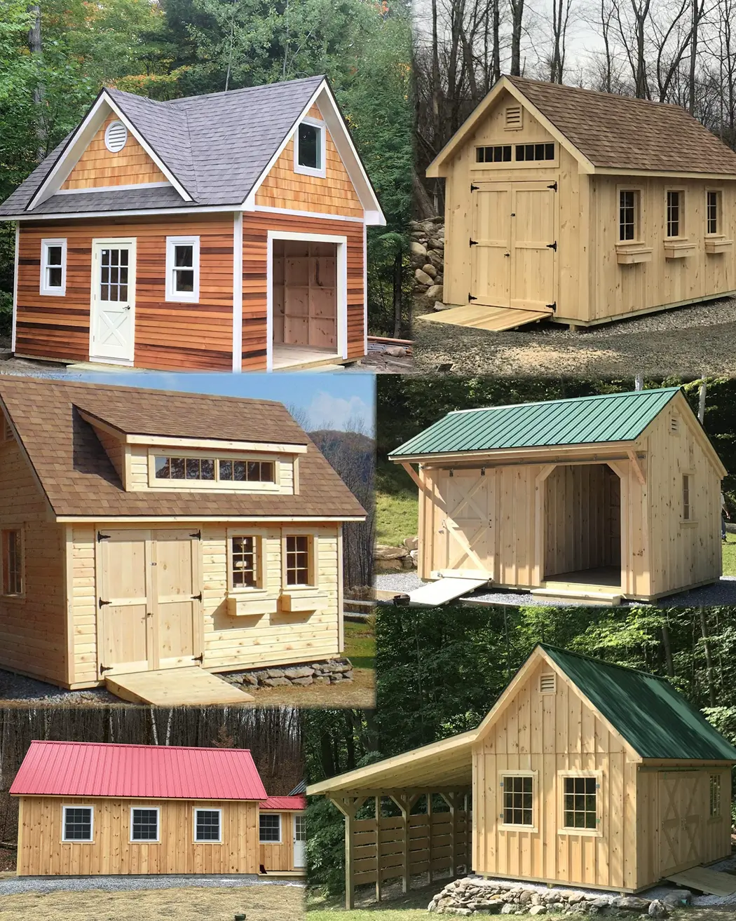 six sheds with siding, flower box, roof dormer, metal roof, window, and overhang upgrades